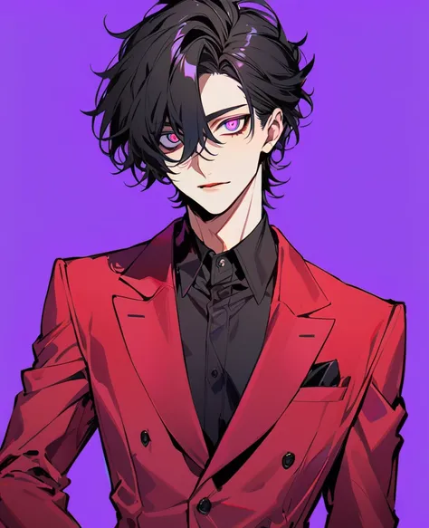 handsome, solo, 1 male,  simple background, cowboy shot，extra detailed eyes，((short black hair)) ，Red-purple eyes, Red-purple suit, modern，black collar shirt，(side parted hairstyle)，purple background，