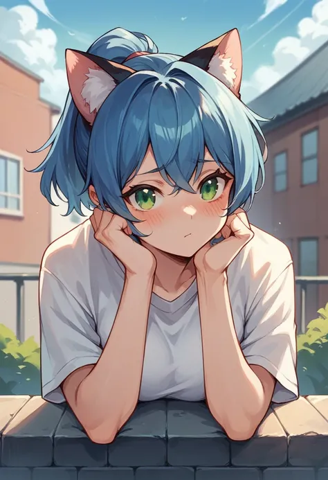 Woman, short blue hair, ponytail, cat ears, green eyes, blushing, sitting on the roof