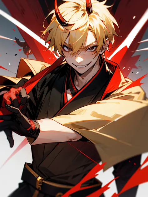 1male, blonde hair. black eyes, oni horn, red yukata, gloves, evil smile