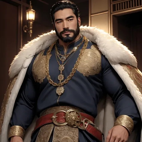 Masterpiece, high resolution, HDR, detailed composition, unique, hot handsome charming Japanese mature hunk from the 1500s with a charming smile, patriarchy, medieval fashion, elegant clothing, luxurious medieval clothing with super fine golden detailing, ...