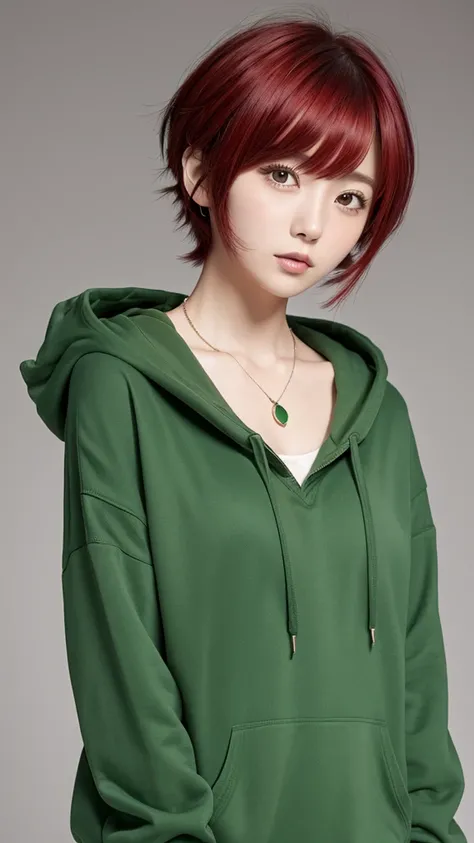 Japanese anime style、Berry Short Cut、One man、Hair color is green、Partly red hair、necklace、hoodie、High resolution, bangs, Simple Background, 