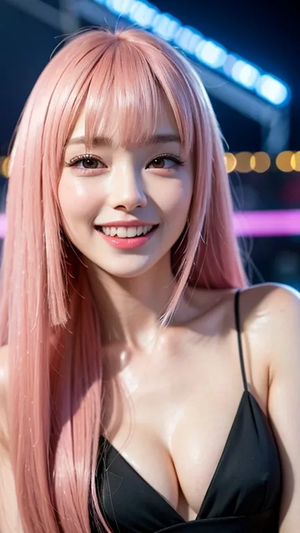 Highest quality, masterpiece, Ultra-high resolution, (Realistic:1.4), (Close-up portrait) RAW Photos, 1 girl, 22 years old,Slender body,Large Breasts,((Long pink hair with straight bangs)),((Looking up at the audience)), Realistic pictures, ((Small breasts...