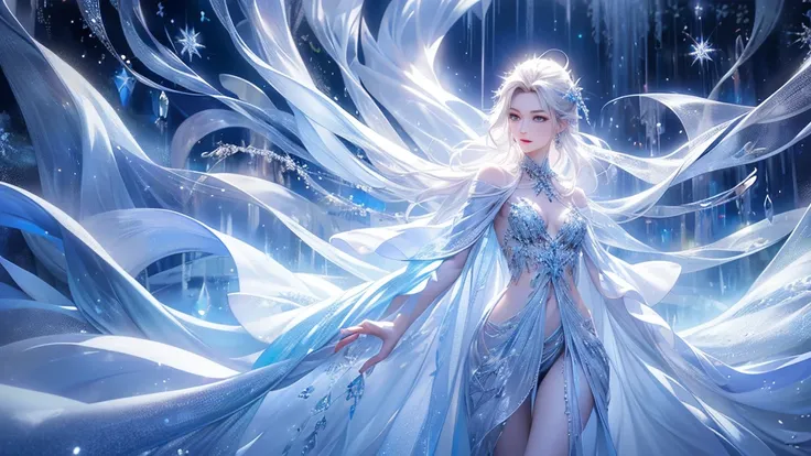 (1/2 photos:1.5)wood, Exquisite mini ice spikes and crystals, A frozen waterfall in the background, Light reflected by ice crystals, Flowing snowflakes.1 girl、pretty girl,A realistic person,((small breasts)),Thin legs、Tight waist、standing