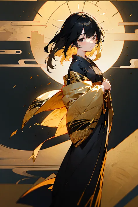 1female, black hair, blonde hair, ombre hair, black eyes, black and gold laced yukata, japanese lantern background, calm expression, masterpiece, 8k, standing on path, hands to side, detailed face