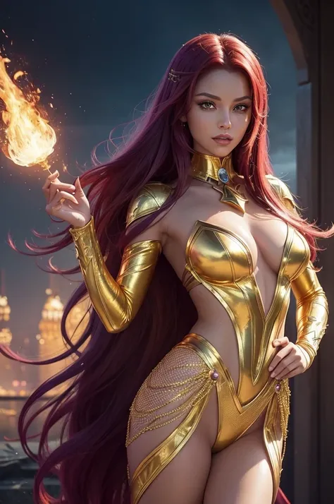 Create a detailed image of Starfire (starfire) from DC Comics comics. It must have the following attributes:body hair: far away, fluent and fire-red.Skinned: gilded, with a subtle glow that indicates its alien origin.eyeballs: Big and bright green, transmi...