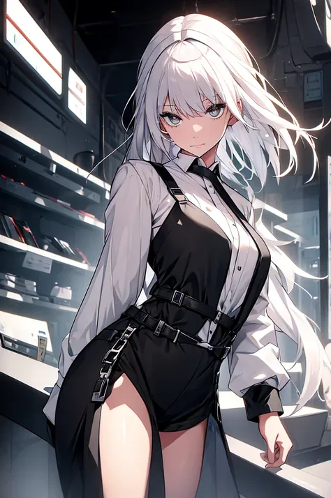 beautiful white hair and harness belts white-black uniform 