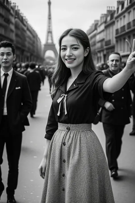 monochrome film, monotone color ,1944 years,  liberation of paris、happy crowd、  a parisian girl , 21 years-old, beautiful girl, ...