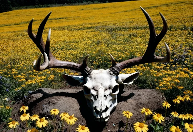 A skull with antlers in a sea of ​​flowers, and sunshine