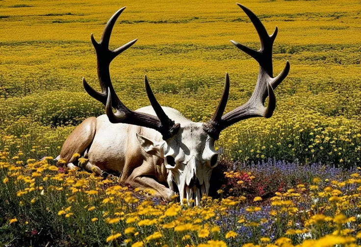 A skull with antlers in a sea of ​​flowers, and sunshine