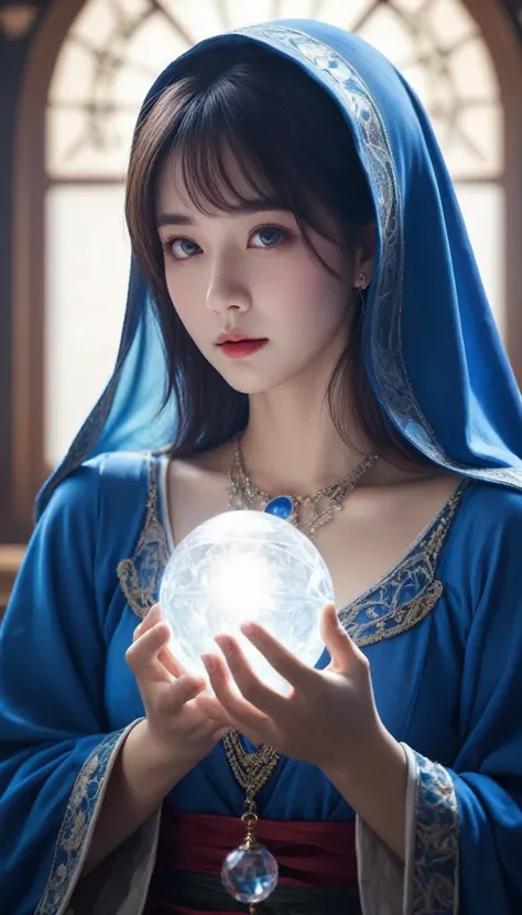 overall body orientation: front. female fortune teller. charm, beautiful and mysterious. she has a blue cape on her head、the fac...