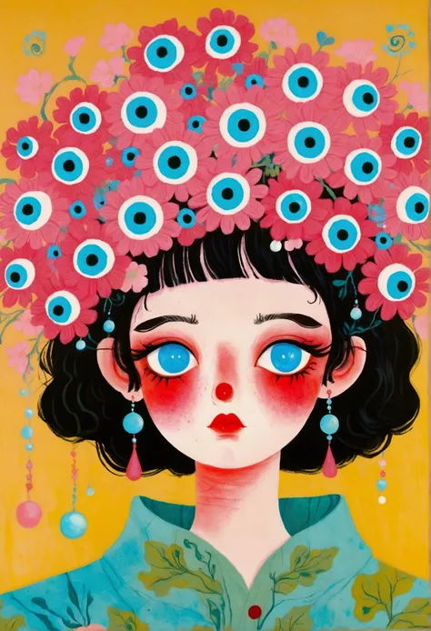 There is a person in the painting wearing a pink flower hat、Blue Eyed Woman, Mab Graves&#39;s Surrealism, Winner of the Behance competition, Pop surrealism, Psychedelic illustration, The Third Eye, Color illustrations, mystical The Third Eye, Pop surrealis...