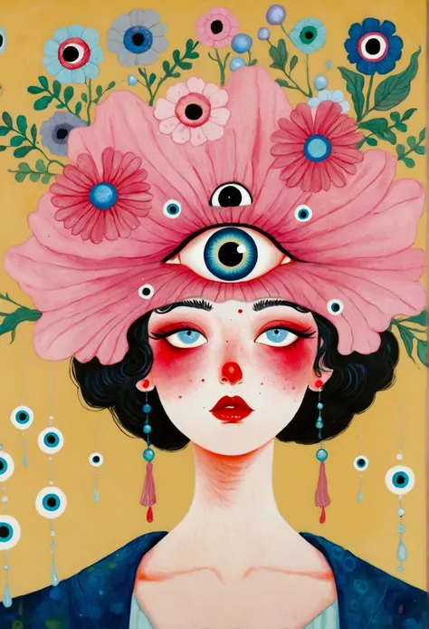 There is a person in the painting wearing a pink flower hat、Blue Eyed Woman, Mab Graves&#39;s Surrealism, Winner of the Behance competition, Pop surrealism, Psychedelic illustration, The Third Eye, Color illustrations, mystical The Third Eye, Pop surrealis...