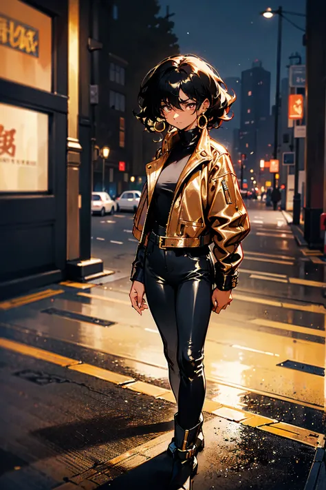 1female: Dark skin, short curly hair with bright streaks, wearing a fitted black leather jacket with a red and gold phoenix tattoo on her arm, black skinny jeans, ankle boots, and gold hoop earrings, against a bustling city street at night, standing on pat...