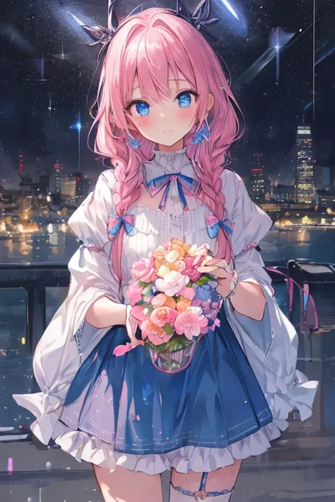 a cute girl with blushing face, intricate braids, piercing blue eyes, ribbon, sparkling effects, pink hair, highly detailed, photorealistic, 8k, masterpiece, cinematic lighting, lush environment, vibrant colors