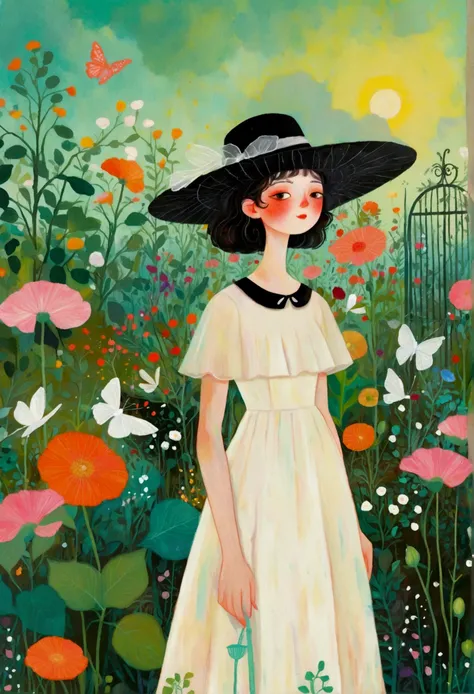 painting of a woman in a white dress and black hat standing in the garden, Surrealism Inspired by Camille Suter, tumblr, Childish Art, She is the center of the garden, Jane Newland, in the garden, Drawn in a whimsical style, in the garden, dreamy painting ...