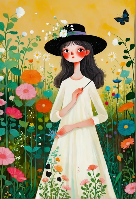 painting of a woman in a white dress and black hat standing in the garden, Surrealism Inspired by Camille Suter, tumblr, Childish Art, She is the center of the garden, Jane Newland, in the garden, Drawn in a whimsical style, in the garden, dreamy painting ...