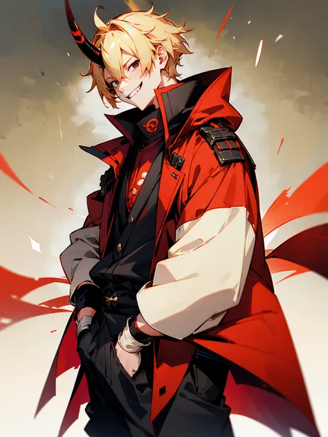 1male, blonde hair. black eyes, oni horn, red yukata, gloves, evil smile, hands in pocket