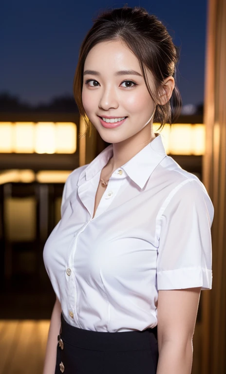 (a gorgeous woman, age 28, natural pose under night sky, Formal Office Lady, white shirt with buttons, black mini-skirt or pencil skirt, feminine expression,

super definition face, beautiful detailed face, 
super cute and soft face, beautiful detailed eye...