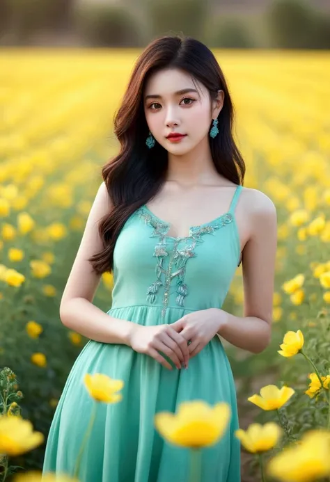 araped woman wearing a dress and standing in a flower field, gorgeous rich fantasy clothing, bright and soft colors, chassis, co...