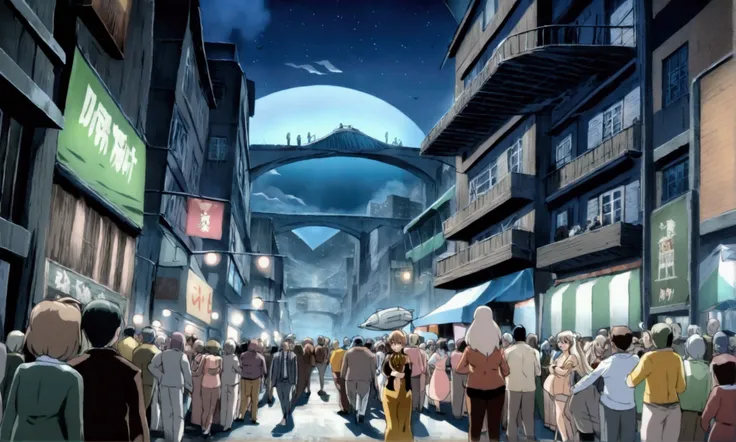 Highest quality,high resolution,sf,８０Era anime painting,A reborn metropolis.Night Sky.bridge.new york in the future.Airship in the air.Slums,festival,A large number of people