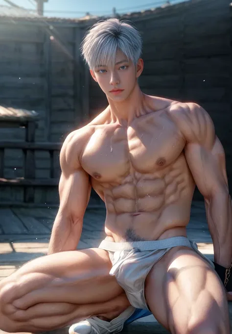 Japanese male model, Portrait, adult, handsome, perfect face detail, detailed eyes and face, clean shaved, sixpack realistic, white eyebrow hair, white eyelashes, dynamic lighting, unreal engine 5, hd picture, satoru gojo, white hair, short hair ,hair betw...