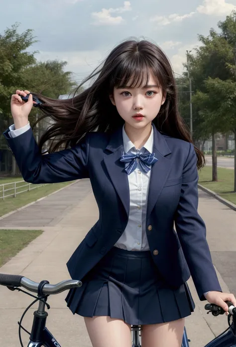 ((Highest quality)), ((masterpiece)), (detailed), high school girl、uniform、 ride your bike as hard as you can、mini skirt、Navy blue blazer、Hair blowing in the wind、looking at the camera
