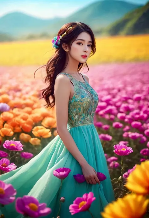 araped woman wearing a dress and standing in a flower field, gorgeous rich fantasy clothing, bright and soft colors, chassis, co...