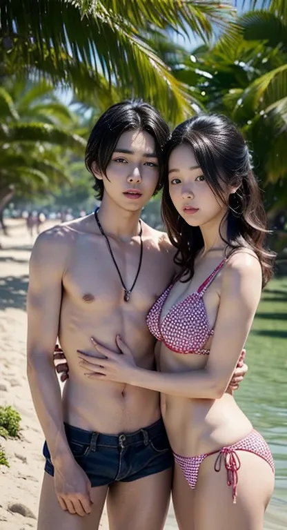 Young mother and teenage son,Looks similar,Love each other.,Wearing a bikini,beach、(in 8K、Highest quality、Masterpiece:1.2)、(real