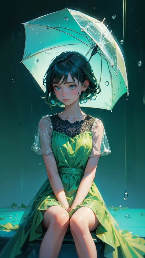 cute girl green dress with sad emotions, sitting in the middle with raindrops, raindrops around him, blue background, blue background