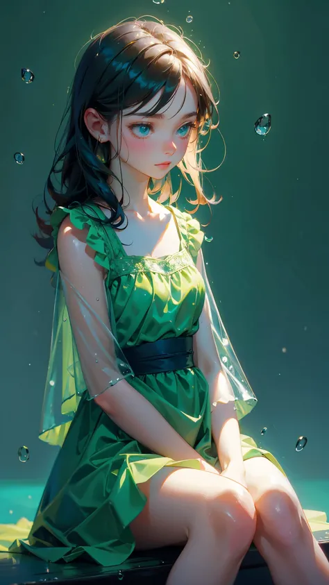 cute girl green dress with sad emotions, sitting in the middle with raindrops, raindrops around him, blue background, blue background