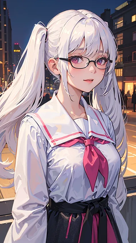 ((masterpiece, best quality)), (1girl), (solo), (female focus), (white hair, twintail),pink eyes,((school uniform)), smile, glasses, portraits, hand behind body, close up, upper body, crowded city background