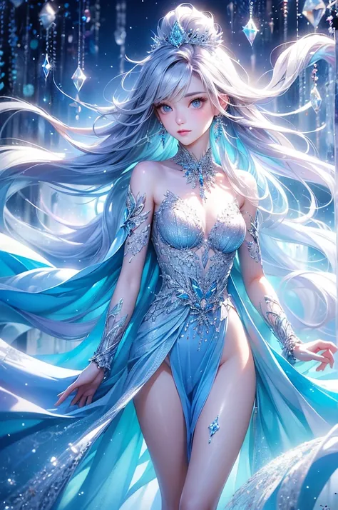 (1/2 photos:1.5)wood, Exquisite mini ice spikes and crystals, A frozen waterfall in the background, Light reflected by ice crystals, Flowing snowflakes.1 girl、pretty girl,A realistic person,((small breasts)),Thin legs、Tight waist、standing