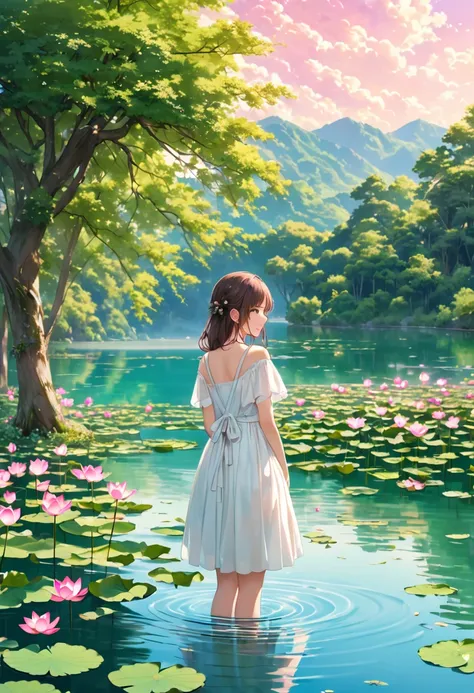 A girl in a white dress stands in the water，（The head is replaced by an old-fashioned TV set covered with flowers：1.2），The background is the natural landscape of the lake，Including lotus flowers in the water and trees in the distance，The overall tone is wa...