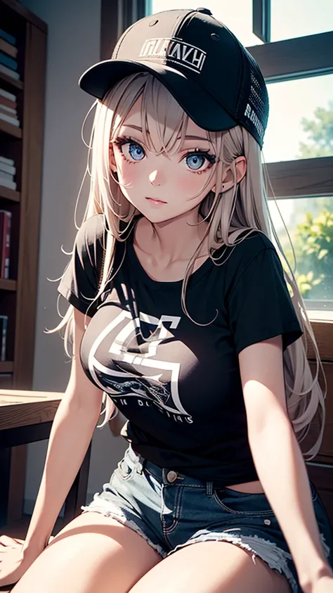  ((1 Girl)),Rough poses, (sit and raise your knees), Droopy eyes, (Punk Fashion), (Oversized T-shirt),Shorts, Trucker Cap, warm, Black Fashion , , デニムShorts, Big Breasts, Cowboy Shot,((Very detailed,Highest quality, High resolution, Indifference, 8k wallpa...