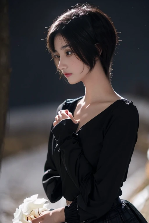 beautiful 16 year old girl, Skinny body, small bust, very short hair, smooth black color, no clothes on her chest with a skirt, two hands, Profile, Whole body, holding a white rose in her right hand, Perfect face, on a hill at night , few trees, starry sky...