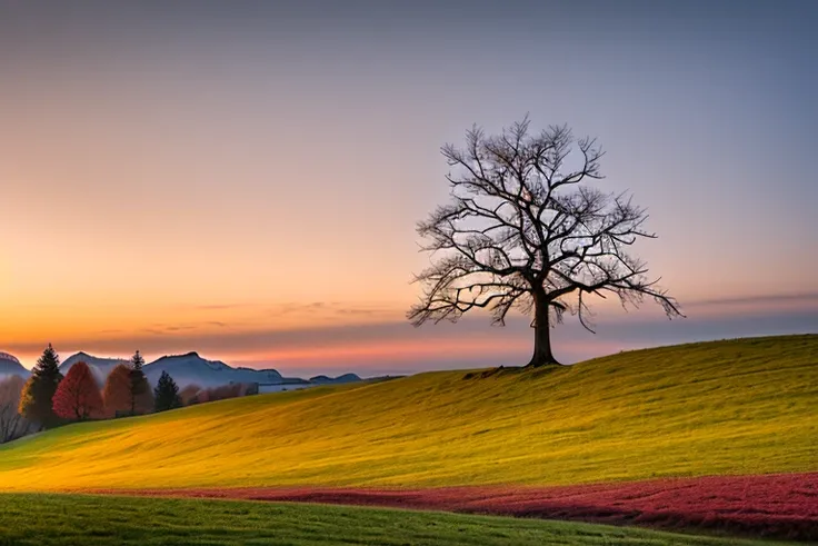 cherry tree  with spring blossoms  , on a hill with, lonely tree, ,  landscape ,  photograph 4k, daylight spring, , breathtaking composition, at sunset in autumn, sunsetting color,