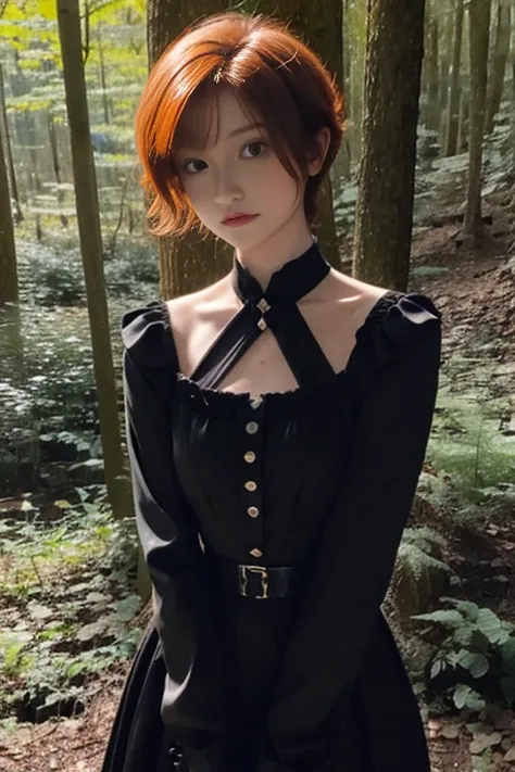 17 year old girl, Lovely, orange hair, Very short, Very curly, slim, flat bust, with freckles on the face, with slavic features, with long sleeve black dress, Whole body, shows her legs, In the woods.