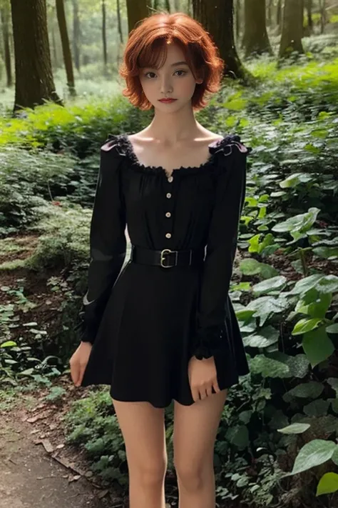 17 year old girl, Lovely, orange hair, Very short, Very curly, slim, flat bust, with freckles on the face, with slavic features, with long sleeve black dress, Whole body, shows her legs, In the woods.