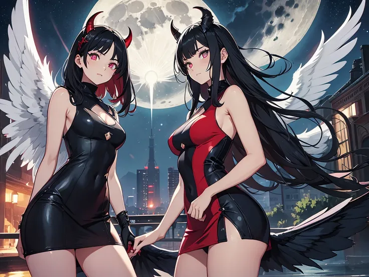 19 years old, female, angel wing on right, devil wing on left, one-piece dress, black hair, long hair, red right eye, indigo left eye, full moon, night, Los Santos