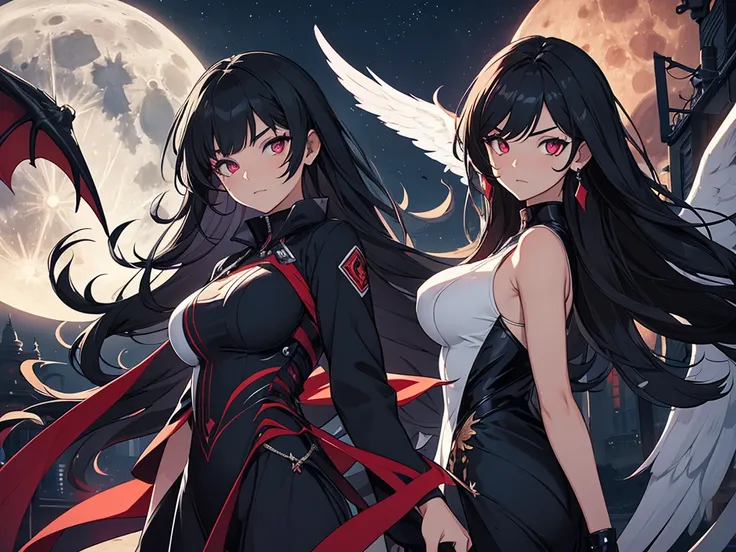 19 years old, female, angel wing on right, devil wing on left, one-piece dress, black hair, long hair, red right eye, indigo left eye, full moon, night, Los Santos