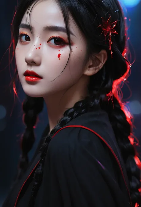 A dark fantasy masterpiece, this ultra-detailed illustration showcases a solo girl with sharp facial features, black hair styled in low twintails, and red eyes, with a strand of hair between her eyes. The scene is captured from a dynamic angle, emphasizing...