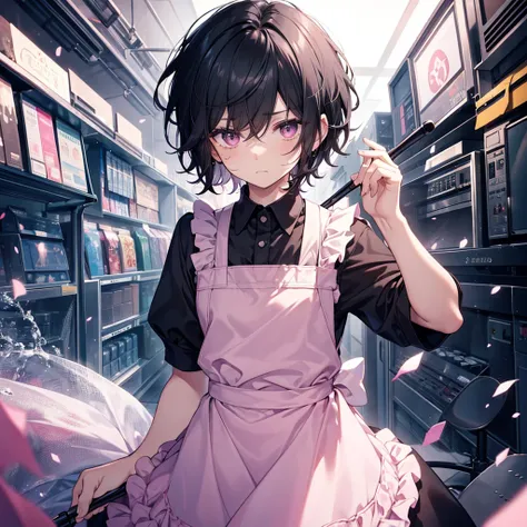 solo, Troubled face,male,Black Hair,Fluffy quirky hair,short hair,Former corporate slave,Dark circles under the eyes,
Magic wand in hand,
Wearing a pink frilly apron