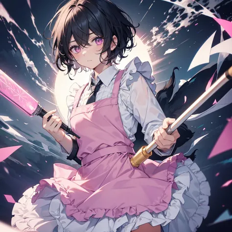 solo, Troubled face,male,Black Hair,Fluffy quirky hair,short hair,Former corporate slave,Dark circles under the eyes,
Magic wand in hand,
Wearing a pink frilly apron