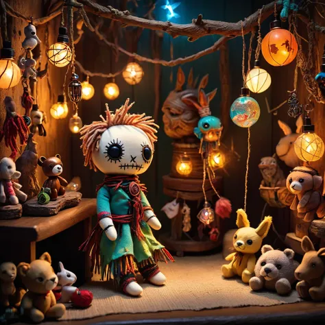 (knitted toy voodoo doll:1.7), (Voodoo in a city zoo with animated animal statues:1.3), (Clothing: tattered zookeeper attire with mystical symbols:1.0), (Accessories: miniature glowing animal statues, tiny floating zoo maps, small enchanted feeding buckets...