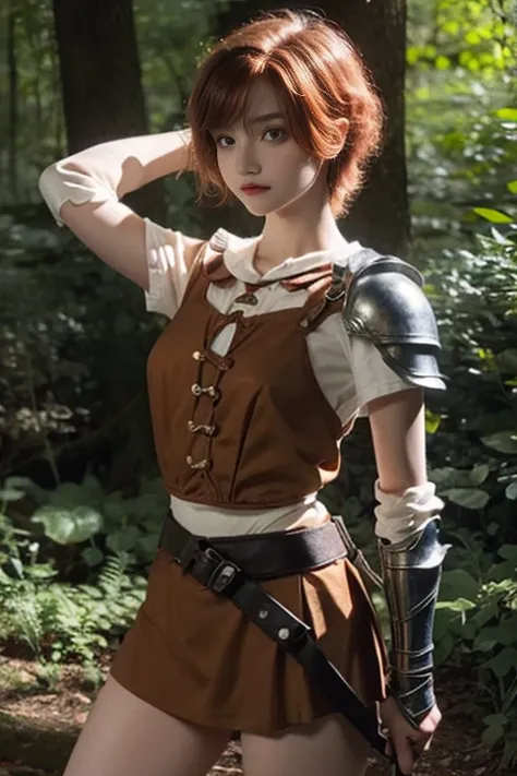 15 year old girl, Lovely, orange hair, Very short, Very curly, slim, flat bust, with freckles on the face, with slavic features, light armor, Whole body, two hands, sword in right hand, shows her legs, In the woods.