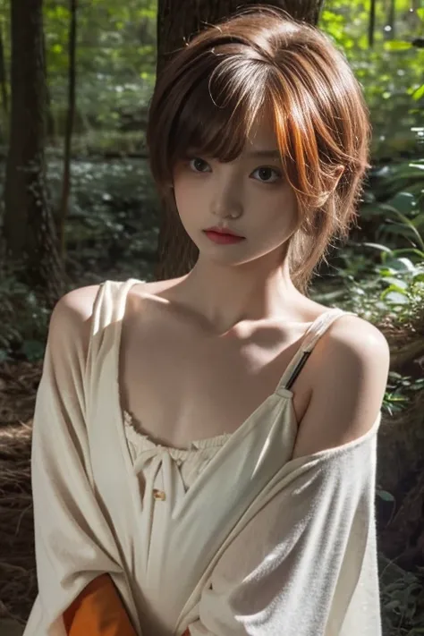 12 year old girl, Lovely, orange hair, Very short, Very curly, slim, flat bust, with freckles on the face, with slavic features, with kimono, bare shoulder and chest, Whole body, shows her legs, In the woods.