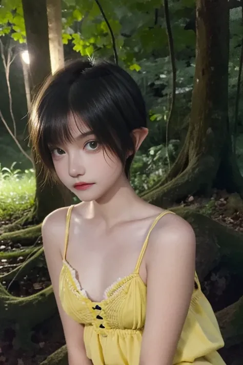 17 year old girl, short hair, yellow color, elf face slavic, freckles on the face, Skinny body, small bust, scantily clad, sitting on a tree trunk, in the forest at night, the sky full of stars