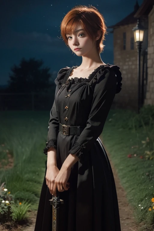 15 year old girl, Lovely, orange hair, very short, Very curly, slim, flat bust, with freckles on the face, with slavic features, with long sleeve black dress, whole body, shows her legs, in the castle garden, at night, holding a sword in his hand