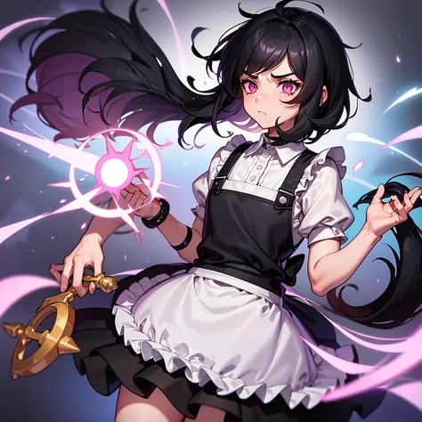 solo,Worried brow,Troubled face,male,Black Hair,Fluffy quirky hair,Short Wolf,Former corporate slave,Dark circles under the eyes,
Magic wand in hand,
Wearing a pink frilly apron