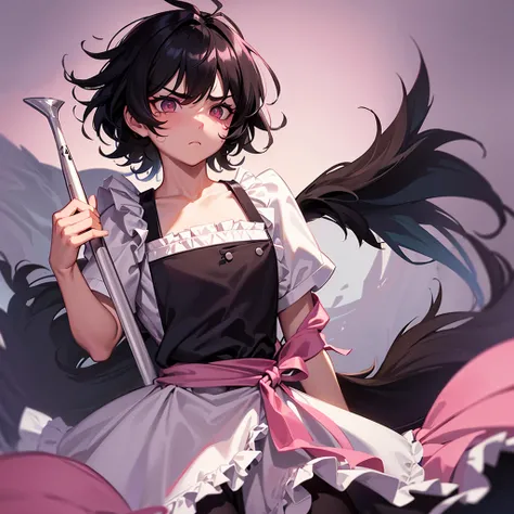 solo,Worried brow,Troubled face,male,Black Hair,Fluffy quirky hair,Short Wolf,Former corporate slave,Dark circles under the eyes,
Magic wand in hand,
Wearing a pink frilly apron